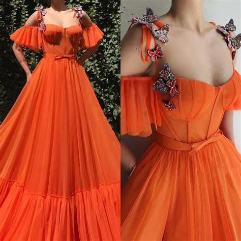 2021 Orange Spaghetti Straps Tulle A Line Long Prom Dresses 3d Floral