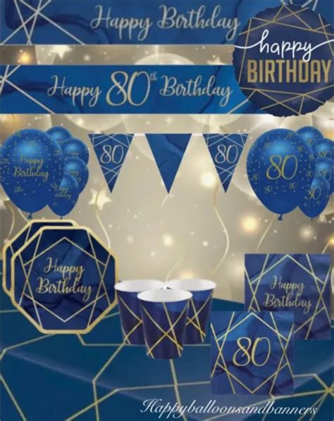 80th And Happy Birthday Navy Blue Gold Party Decorations Bunting Banners