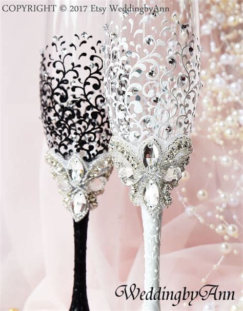 White And Black Champagne Flutes Wedding Flutes Toasting Etsy