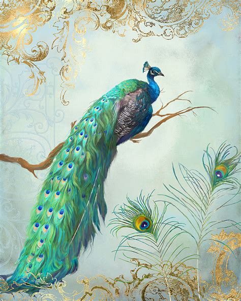 Regal Peacock 1 On Tree Branch W Feathers Gold Leaf Greeting Card For