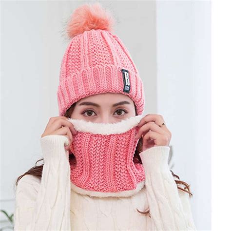 3pcs Women Beanie Hat Pom Bobble Scarf Mask Set Knitted Winter Warm