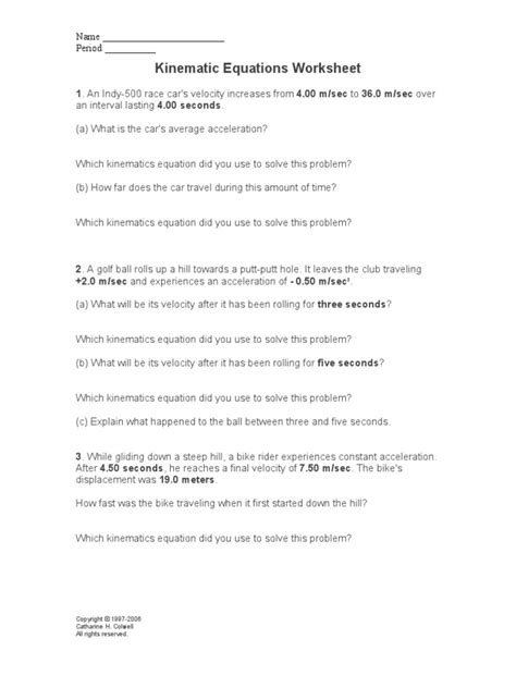 Kinematic Equations Worksheet Pdf Kinematics Velocity