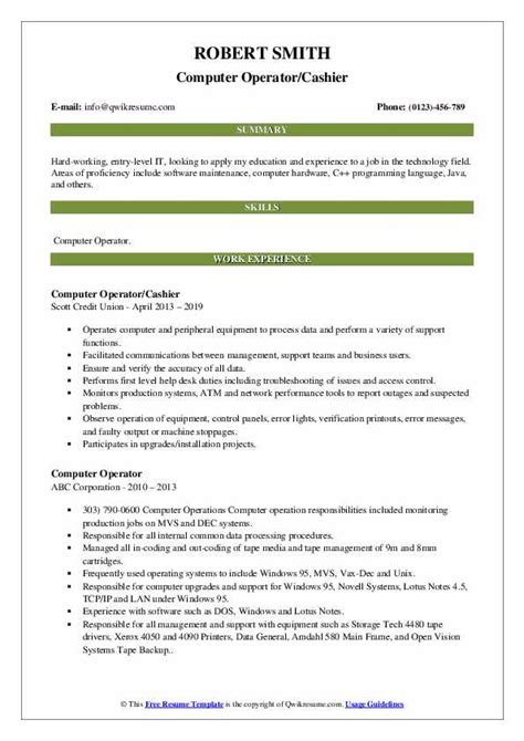 Computer Operator Resume Samples Qwikresume