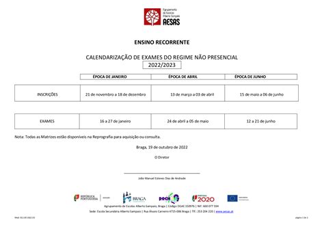 Calendariza O Dos Exames Ensino Recorrente Aesas