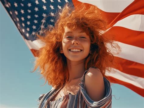 Jovem Mulher Sorridente Segurando A Bandeira Dos Eua Nas M Os No Fundo