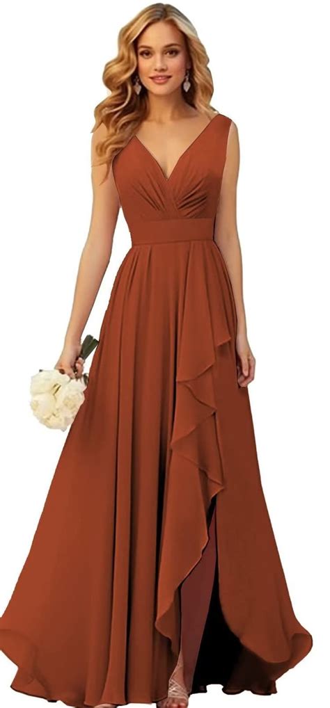 OFEYCHUN Ruffle Bridesmaid Dresses For Wedding Burnt Orange Chiffon A