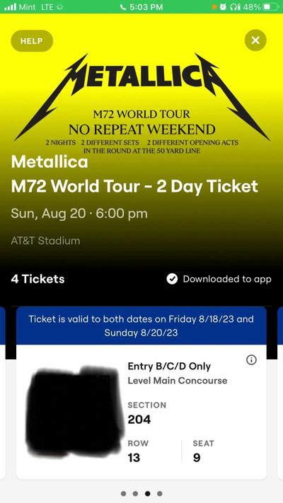 Metallica M72 World Tour Qty 2 Tickets 2 Day Pass Arlington Tx For