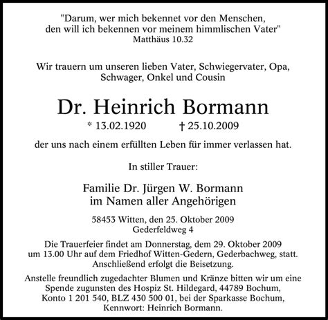 Traueranzeigen Von Heinrich Bormann Trauer In Nrw De