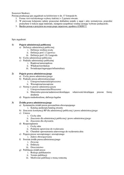 Prawo administracyjne zagadnienia Szanowni Studenci Poniżej