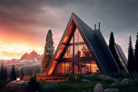 Modern Triangle Roof House On In Mountains Landscape At Sunset Stock