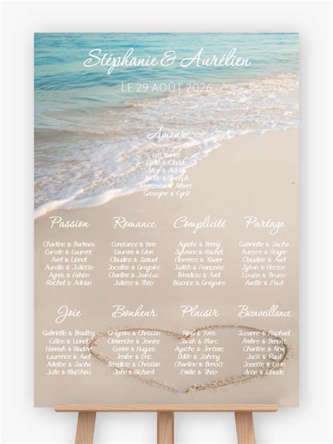 Plan de table mariage à imprimer Coeur sur le sable Support au choix