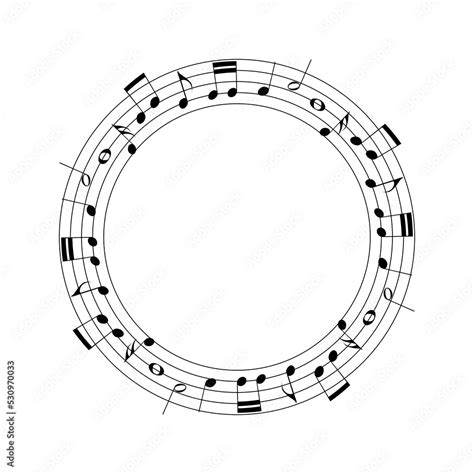 Black Music Staff And Various Notes Round Frame On White Background