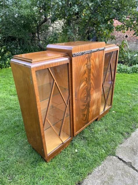 Antique Art Deco Walnut China Drinks Display Cabinet Vintage