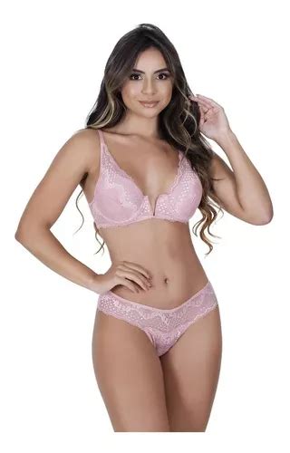 Conjunto Lingerie Em Renda Decote V Rosê Parcelamento sem juros