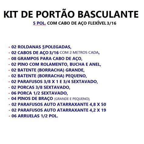 KIT DE PORTÃO BASCULANTE 5 POL CABO DE AÇO FLEXÍVEL 3 16 MEGAFER