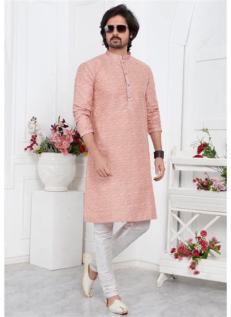 Shop Mens Peach Silk Jacquard Brocade Kurta Pyjama Set Festive Wear