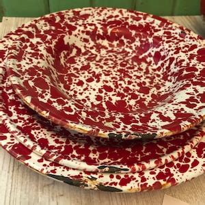 Vintage 3 Piece Set Of Red And White Splatterware Enamelware Dishware