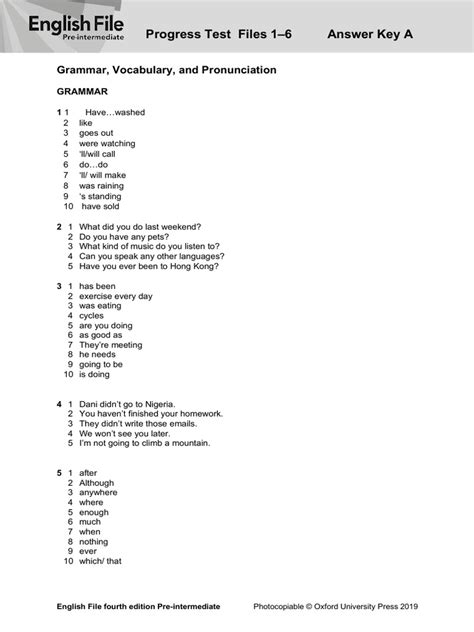 Progress Test Files 1 6 Answer Key A Grammar Vocabulary And