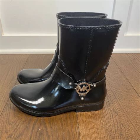 Michael Kors Black Rubber Waterproof Rain Boots Metal Logo Low Calf