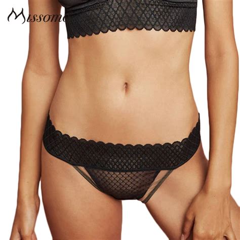 Missomo Solid Black Mesh Semi Sheer Sexy Panties Women Low Rise Hollow Out Patchwork Bottom