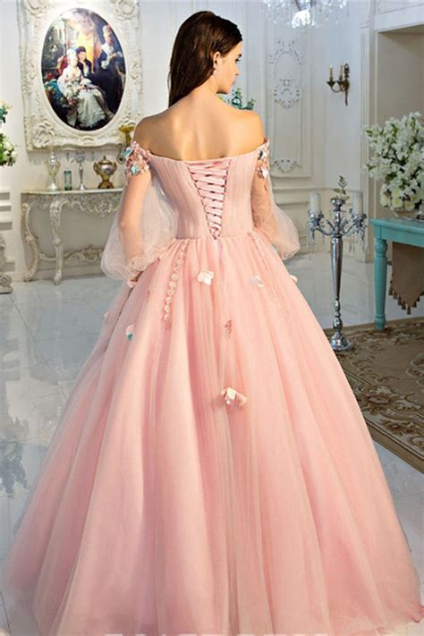 Sexy Ball Gown Long Sleeves Pink 3d Floral Prom Dresses Evening Dress Laurafashionshop