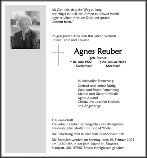 Traueranzeigen Von Agnes Reuber Wirtrauern