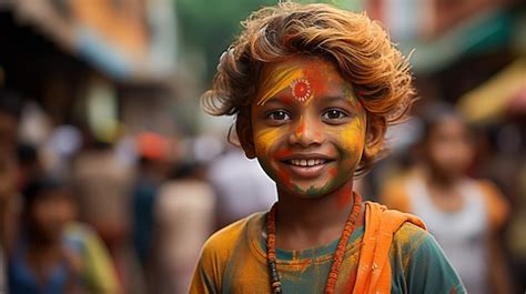 Portrait Of Indian Kid With Colorful Powder Ai Generated Image