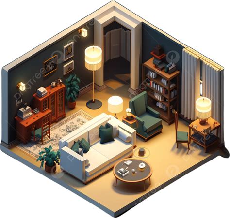 Trendy Modern Home Living Room 3d Cartoon Stereoscopic Isometric View