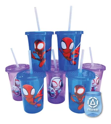 Vasos Decorados Spidey Y Amigos 20 Pzas Reusable Con Popote Meses Sin