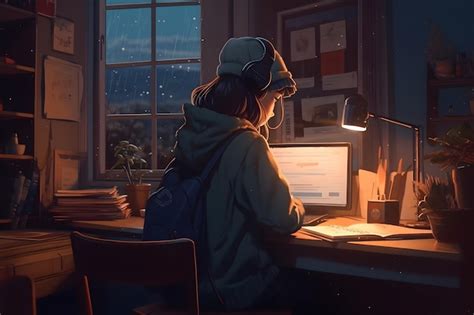 Premium Photo Cool Lofi Girl Studying At Her Desk Rainy Or Cloudy