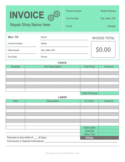 Free Printable Auto Repair Invoice Template Printable Templates