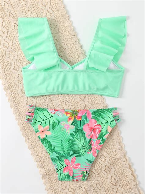 Conjunto De Bikini Con Estampado Floral Aleatorio Corte Lateral Con