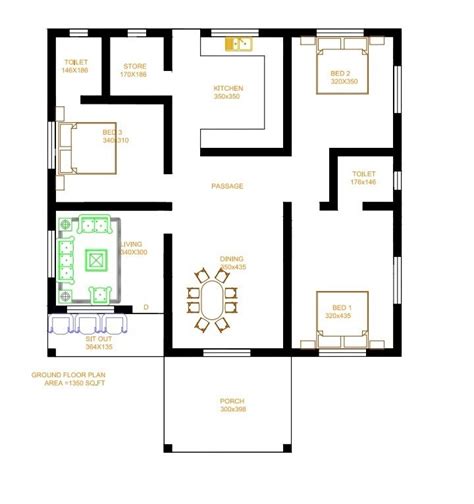 1350 Sq Ft 3BHK Contemporary Style Single Storey House And Free Plan