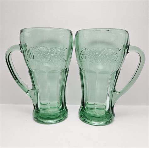 Coca Cola Libby Tall Heavy Verde Green Glass Mug With Handle Set Of