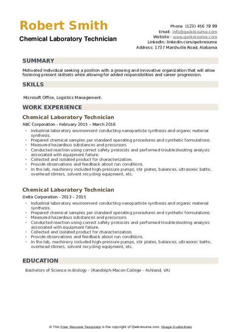 Chemical Lab Technician Resume Samples | QwikResume