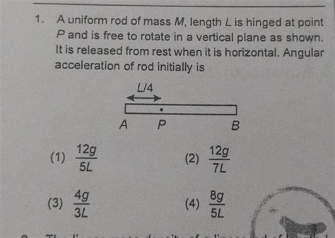 A Uniform Rod Of Mass M Length L Is Hinged At Point P And Is Free To Rot