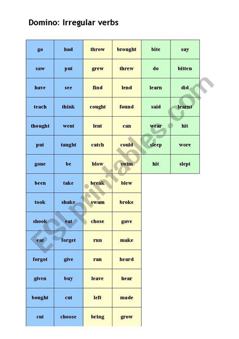 Irregular Verbs Domino Esl Worksheet By Viki Tau