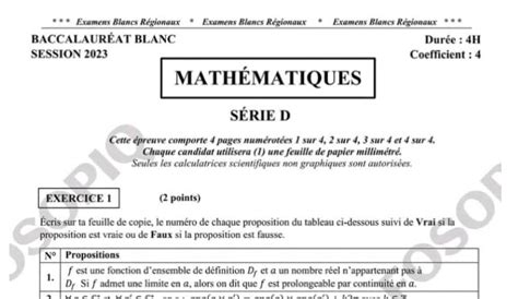 SUJET ET CORRIGE BAC BLANC 2023 MATHEMATIQUES SERIE D COTE D IVOIRE