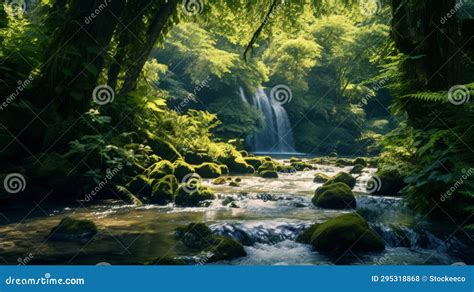 Japanese Style Forest And Waterfall Photography In 8k Resolution Stock