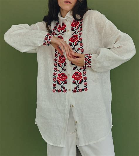 Oversized Linen Collar Shirt With Floral Cross Stitched Embroidery For