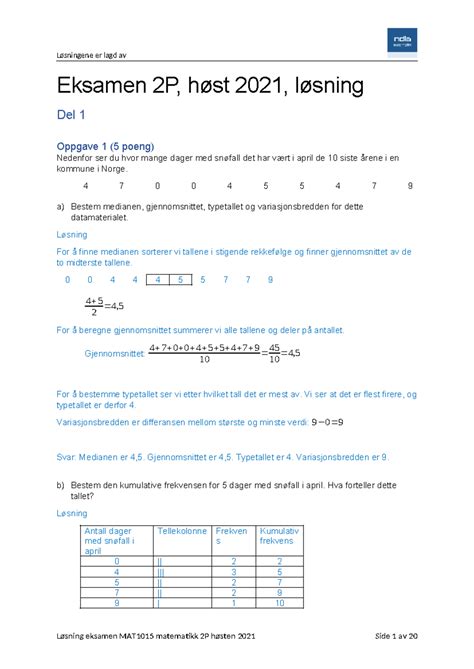 Eksamen I Matematikk P Eksamen P H St L Sning Del Oppgave