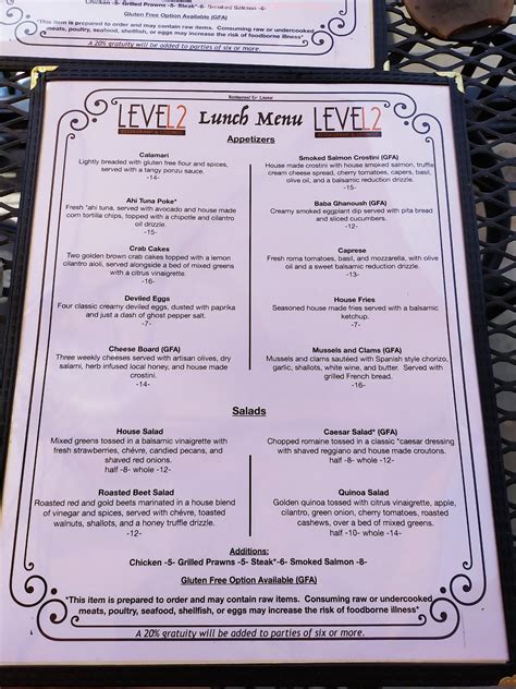 Menu at Level 2 restaurant, Bend