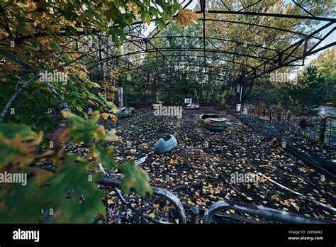 Abandoned Amusement Car Ride In Ghost City Of Pripyat In Chernobyl