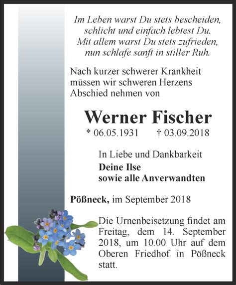 Traueranzeigen Von Werner Fischer Trauer In Thueringen De