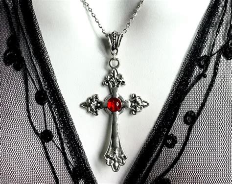 Silver Gothic Cross Necklace Red Stone Gothic Jewelry Statement