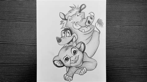 How To Draw Simba With Timon And Pumbaa Cartoon Drawing Step By Step Pencil Drawing