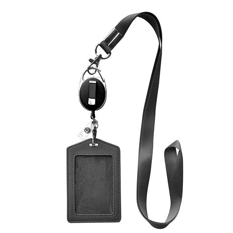 Soft Genuine Leather Id Card Case Heavy Duty Lanyard Retractable Badge Reel Carabiner And