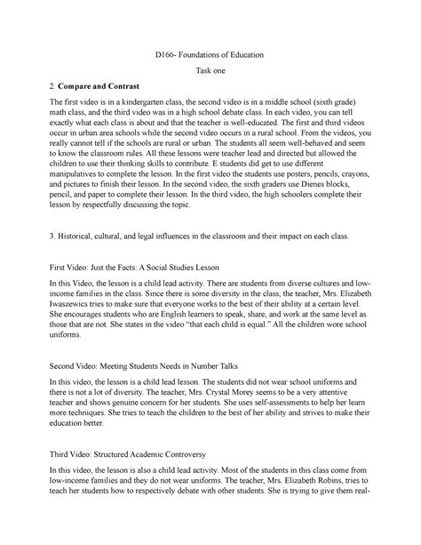 D166 Task 1 Part 2 Task 1 D166 Foundations Of Education Task One 2 Compare And Contrast