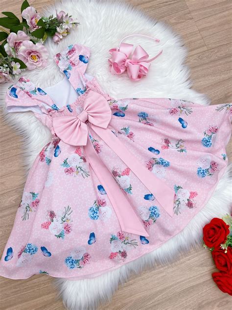 Vestido Infantil Rosa Jardim Das Borboletas E P Rolas Cinto Rosa