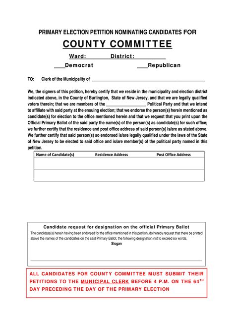 Fillable Online Nominating Petition For Primary Candidates For